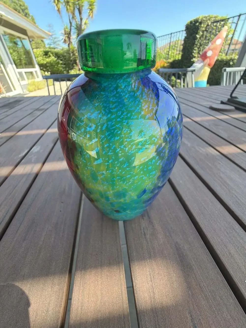 Franco Moretti Murano Art Glass Vase Green Red Blue with Gold Sparkles